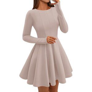 Women Beige High Waist Pleated Flowy A Line Long Sleeve Casual Fall Dress